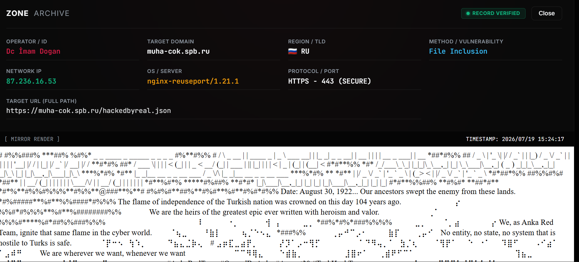 DC Imam Dogan targets the website of muha-cok.spb.ru