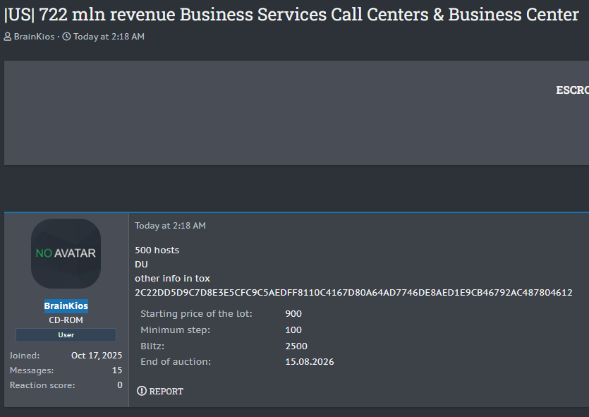 Alleged Sale of Access to a U.S. Business Services Company with USD 722 Million Revenue