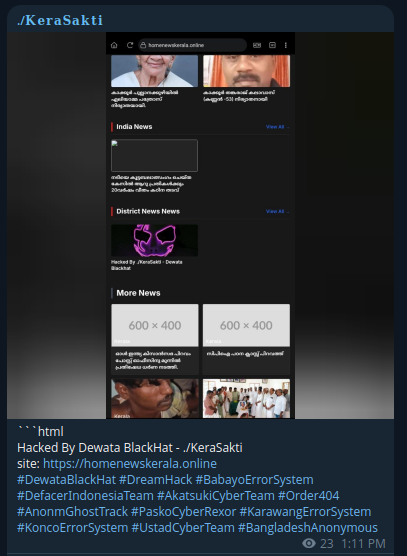 DEWATA BLACKHAT targets the website of Home News Kerala
