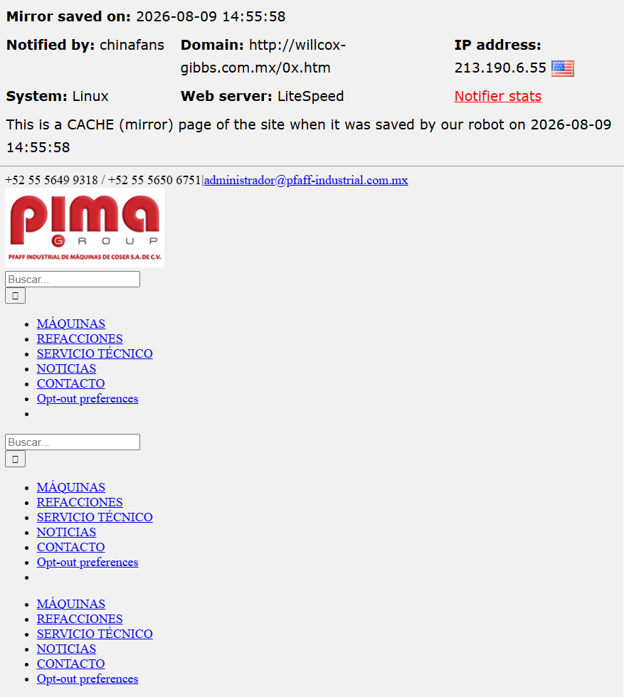 chinafans targets the website of Willcox, Gibbs & Co. of Mexico
