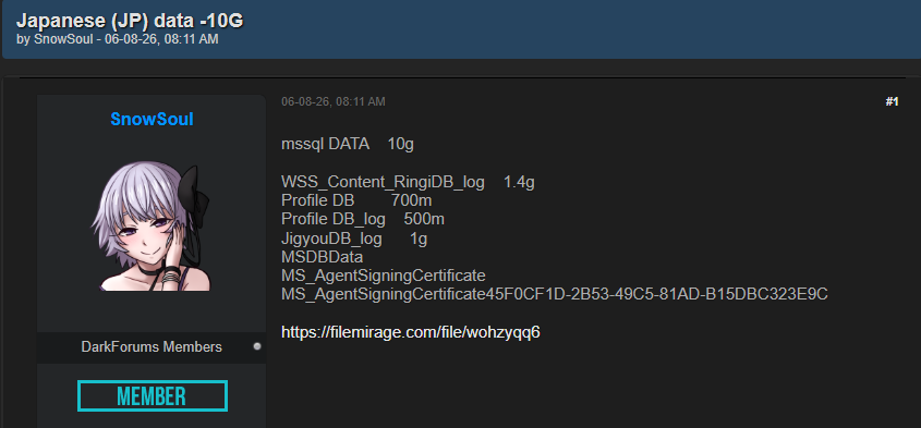 Alleged leak of Japanese MSSQL database