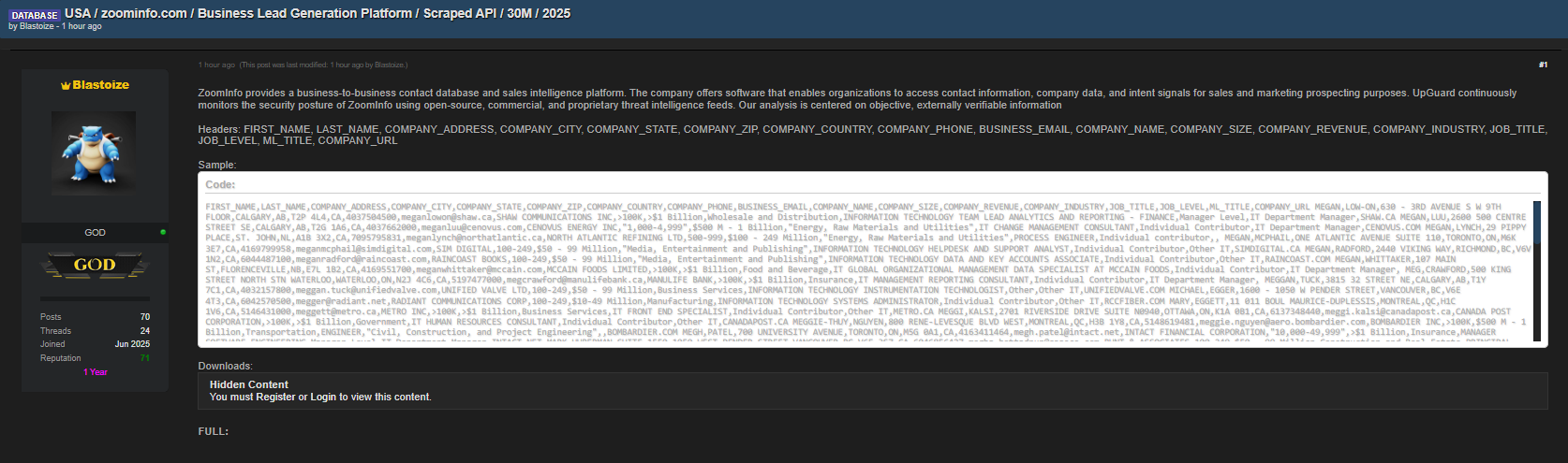 Alleged Sale of ZoomInfo Scraped Database