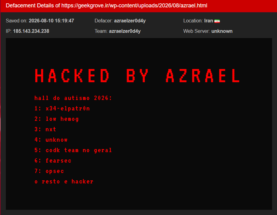 azraelzer0d4y targets the website of Geek Grove