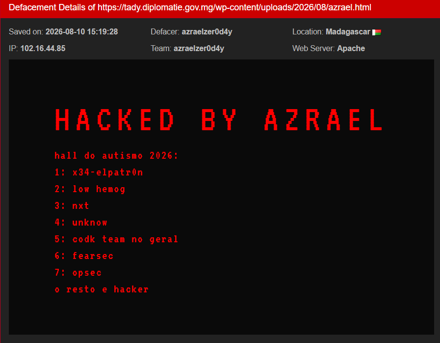 azraelzer0d4y taregts the website of Ministry of Foreign Affairs of Madagascar – TADY