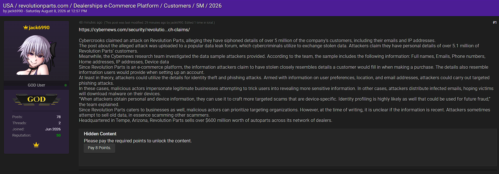Alleged Data Breach of Revolution Parts