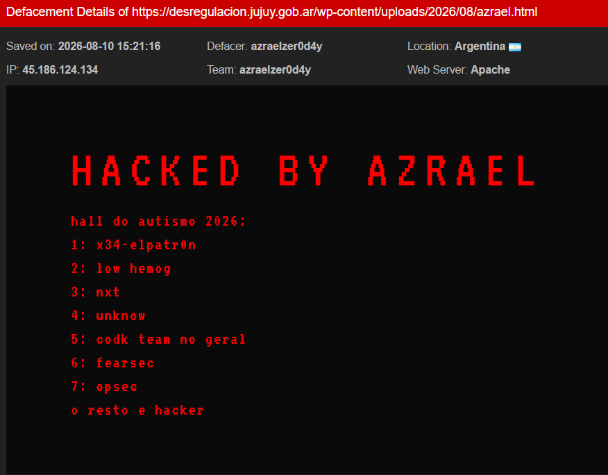 azraelzer0d4y targets the website of Secretariat for State Deregulation and Multilevel Governance – Government of Jujuy
