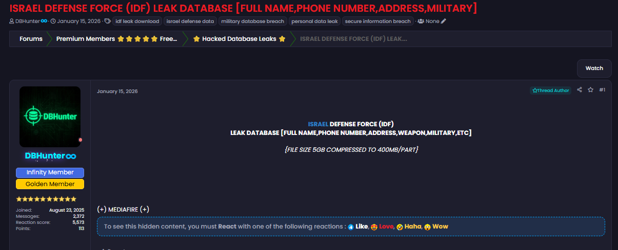 Alleged Sale of Israel Defense Forces Database
