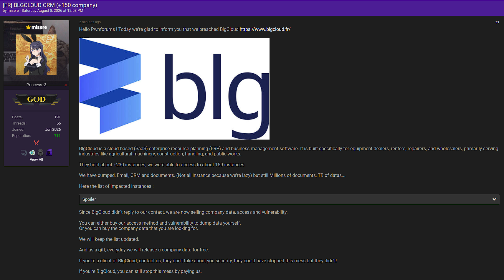 Alleged Data Breach of BLGCLOUD