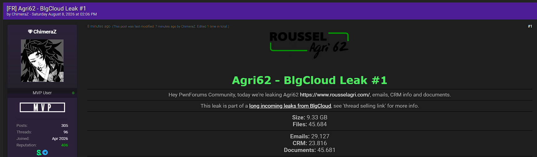 Alleged Data Breach of Roussel Agri