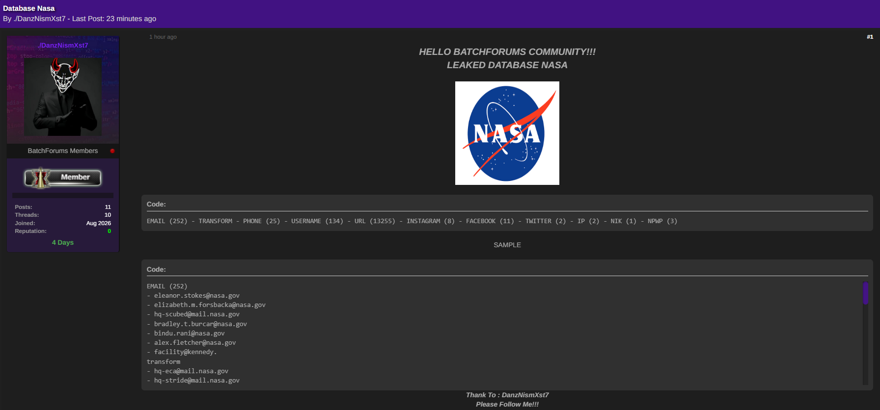 Alleged data breach of NASA