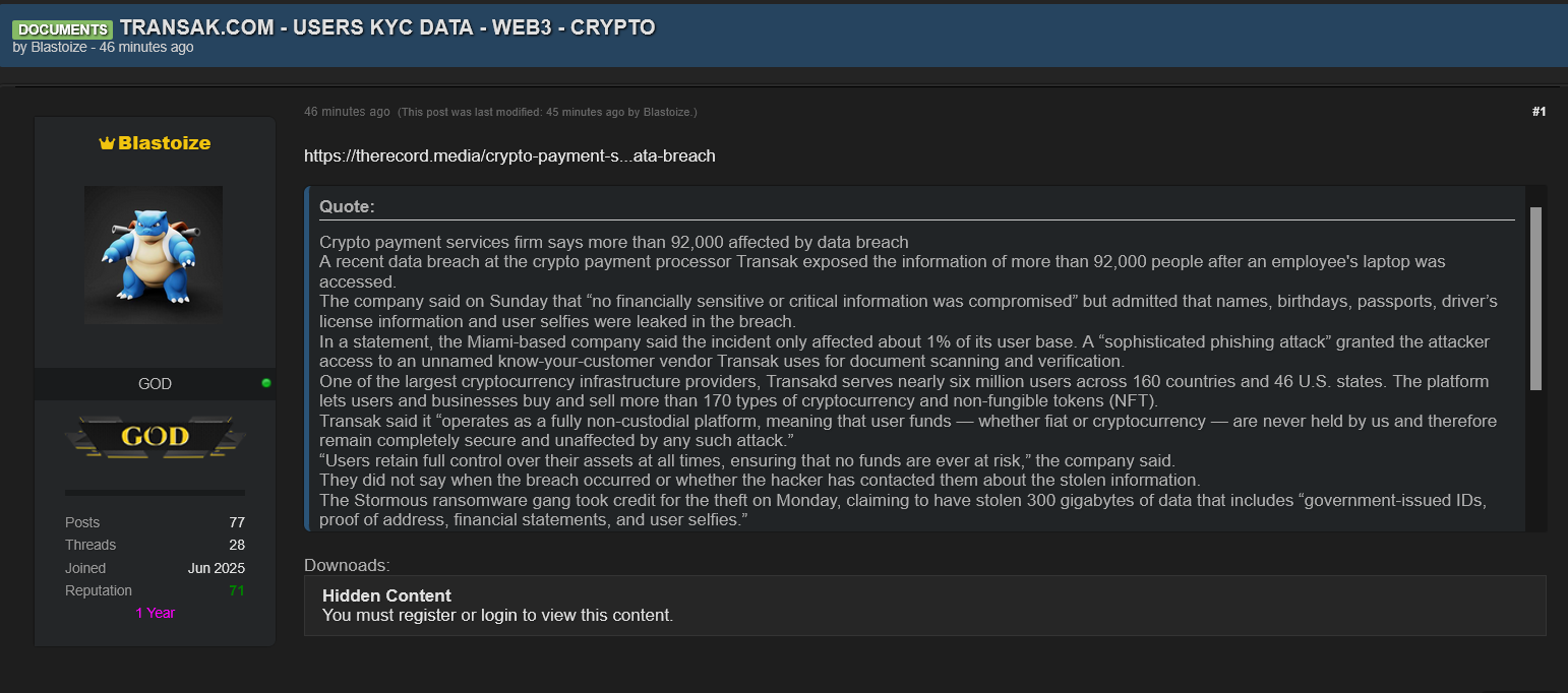 Alleged data breach of Transak