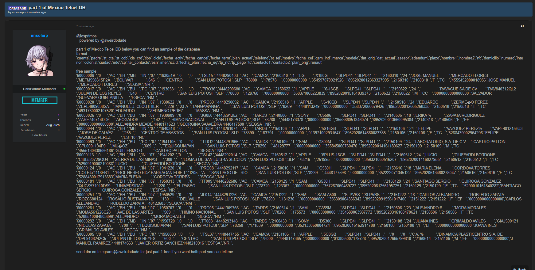 Alleged leak of Telcel database