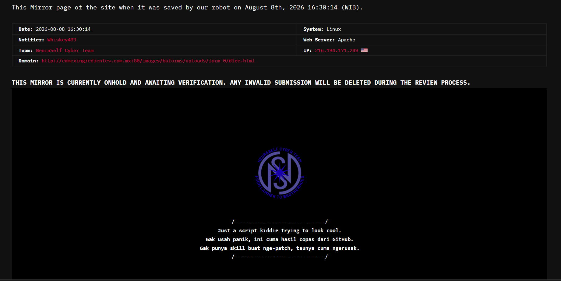NeuraSelf Cyber Team targets the website of Comercializadora de Alimentos Mexicanos SA de CV.