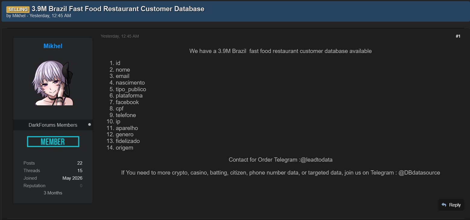 Alleged Data Leak of 3.9M Brazilian Fast-Food Customer Database