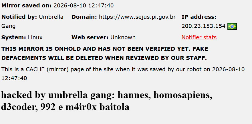 Umbrella Gang targets the website of Secretaria de Estado da Justiça do Piauí (SEJUS-PI)
