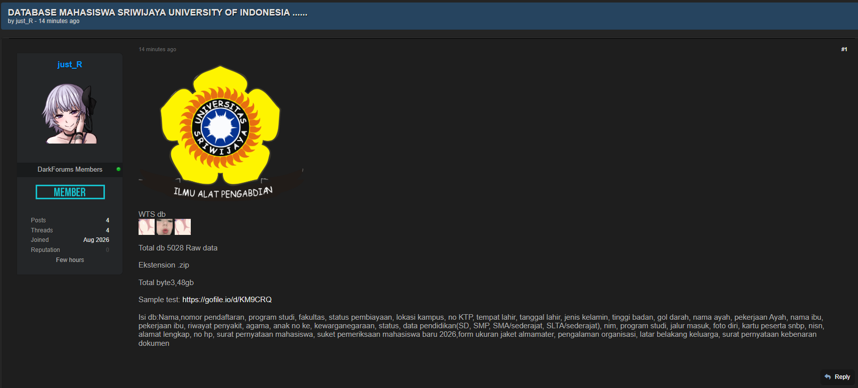 Alleged data breach of Universitas Sriwijaya