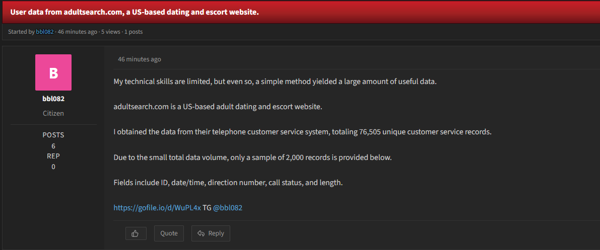 Alleged data breach of AdultSearch