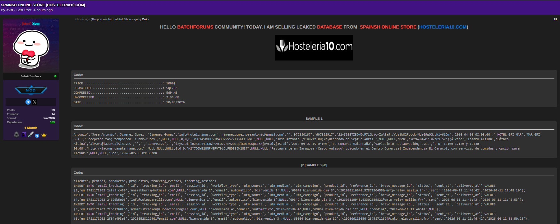 Alleged data breach of Hosteleria10