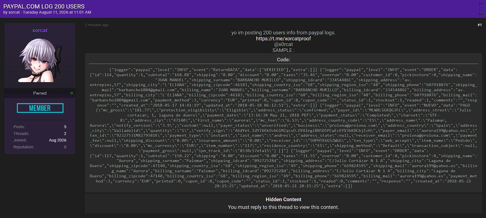 Alleged Sale of PayPal User Database
