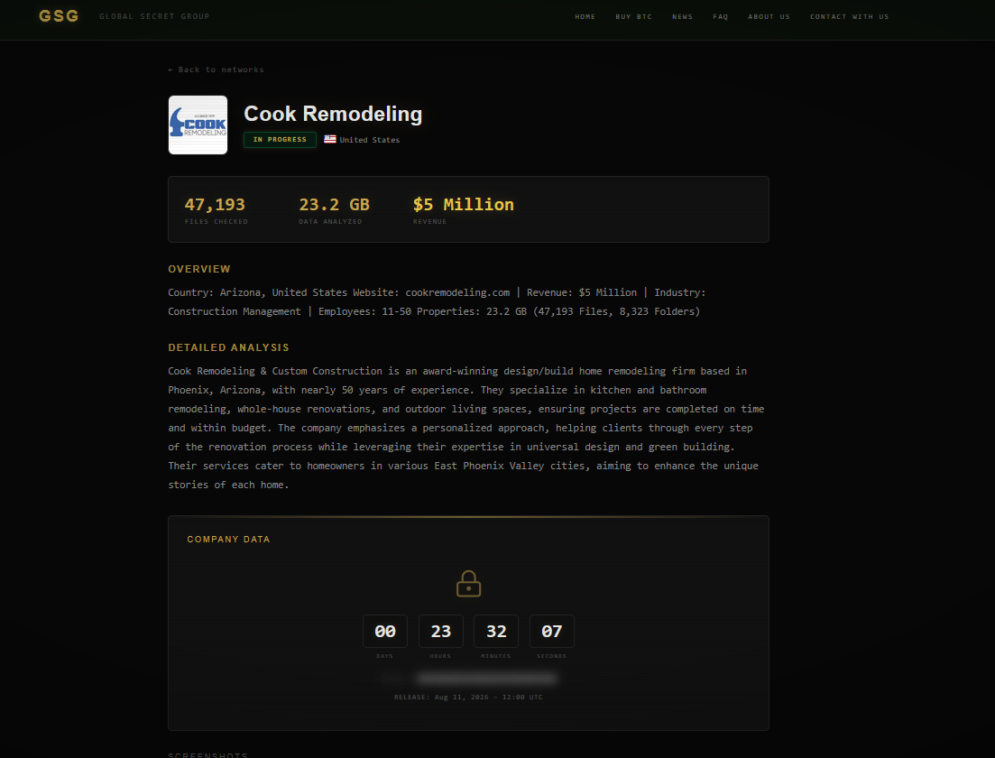Cook Remodeling & Custom Construction Falls Victim to Global Secret Group Ransomware
