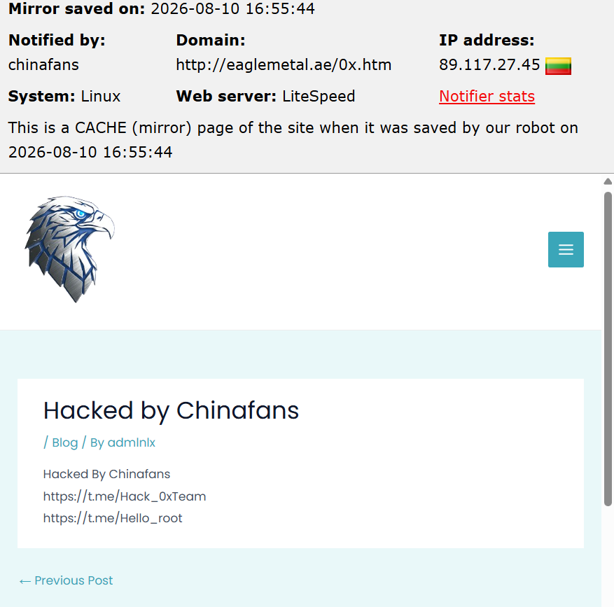 chinafans targets the website of Eagle Metal Group