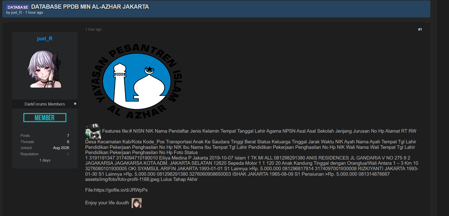 Alleged data breach of MIN 14 Al-Azhar Asy-Syarif Indonesia