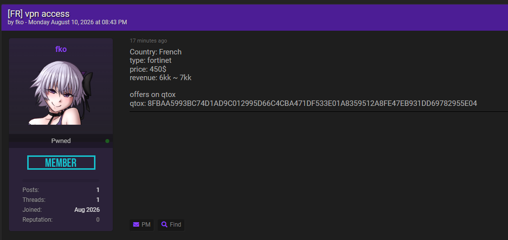 Alleged Sale of Unauthorized VPN Access to an Unidentified Organization in France