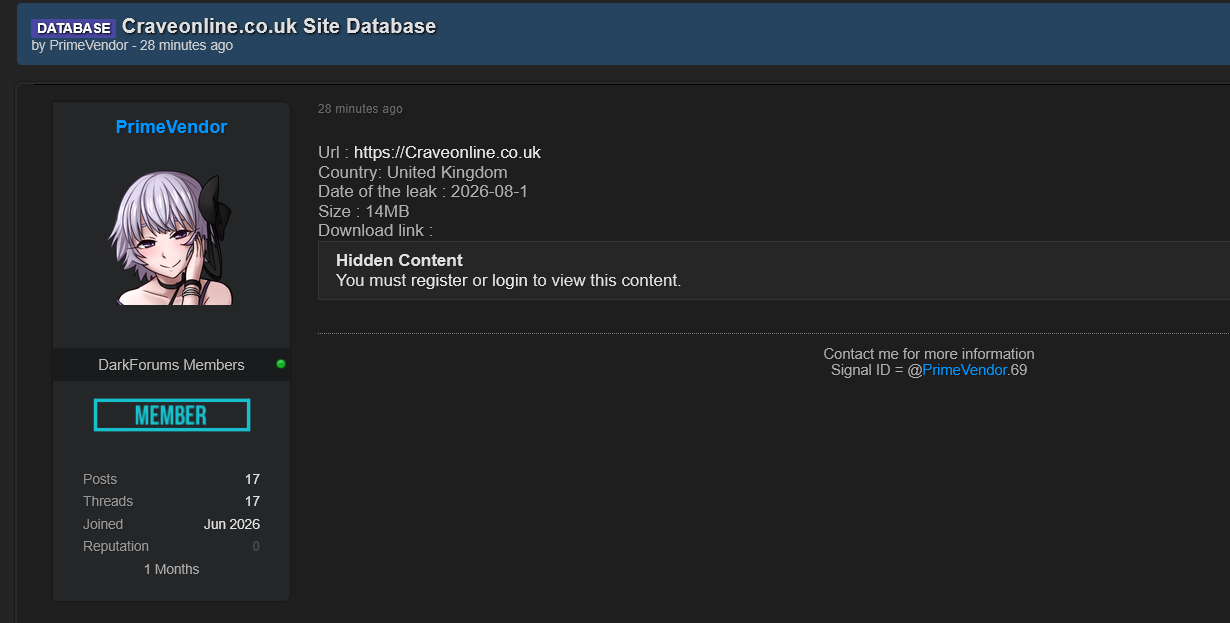 Alleged data breach of CraveOnline