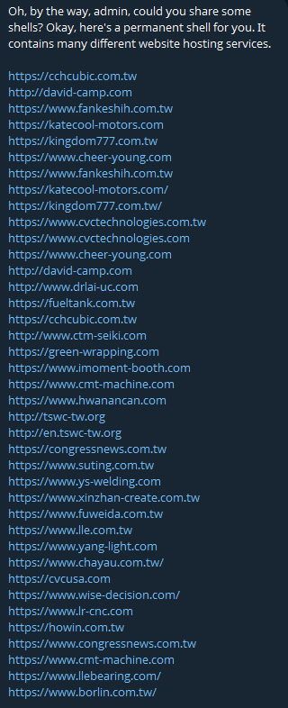 Alleged leak of webshell access to multiple websites in Taiwan