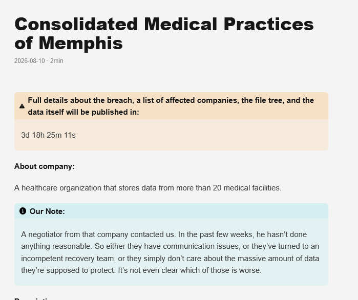Consolidated Medical Practices of Memphis falls victim to GENESIS Ransomware