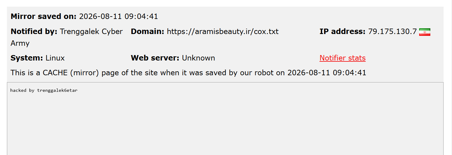 Trenggalek Cyber Army targets the website of Aramis Beauty