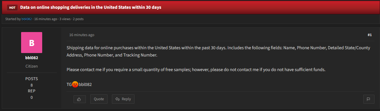 Alleged sale of shipping data for online purchases within the United States