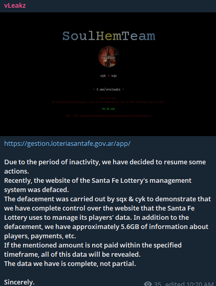 vLeakz targets the website of Santa Fe Lottery