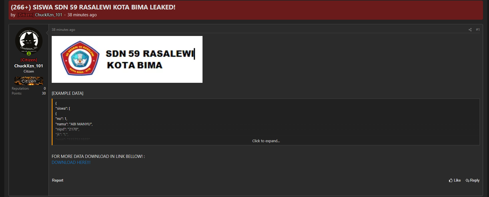 Alleged data breach of SDN 59 RASALEWI KOTA BIMA