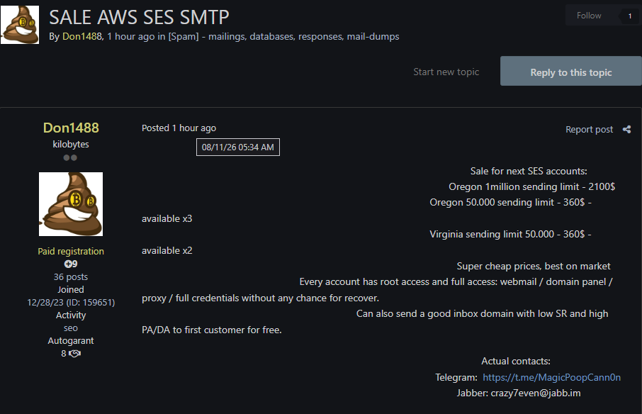 Alleged sale of AWS SES SMTP accounts
