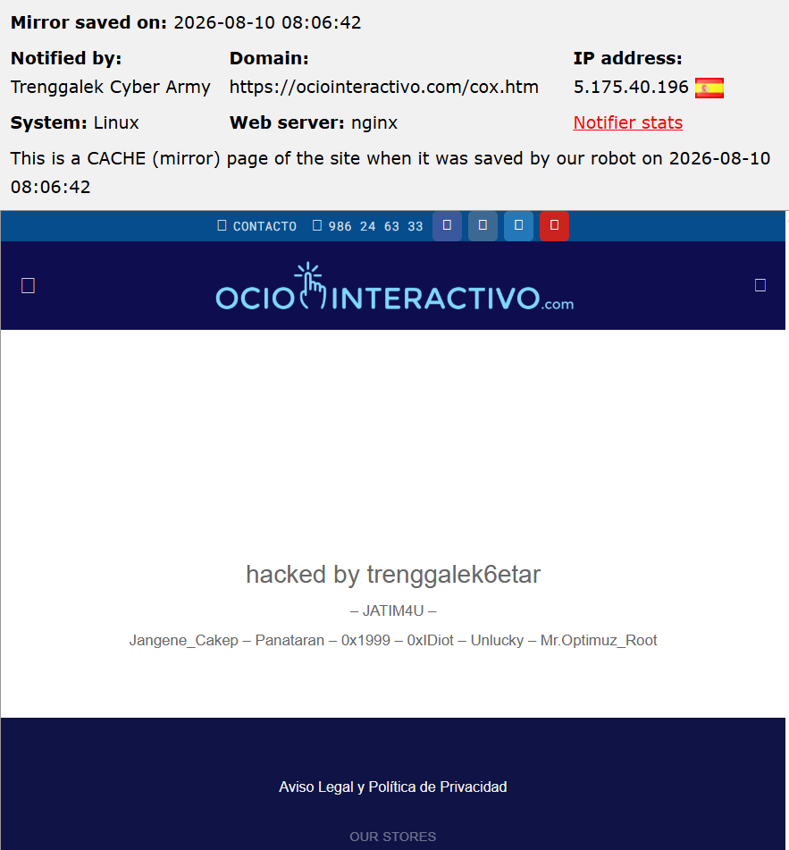 Trenggalek Cyber Army targets the website of Ocio Interactivo