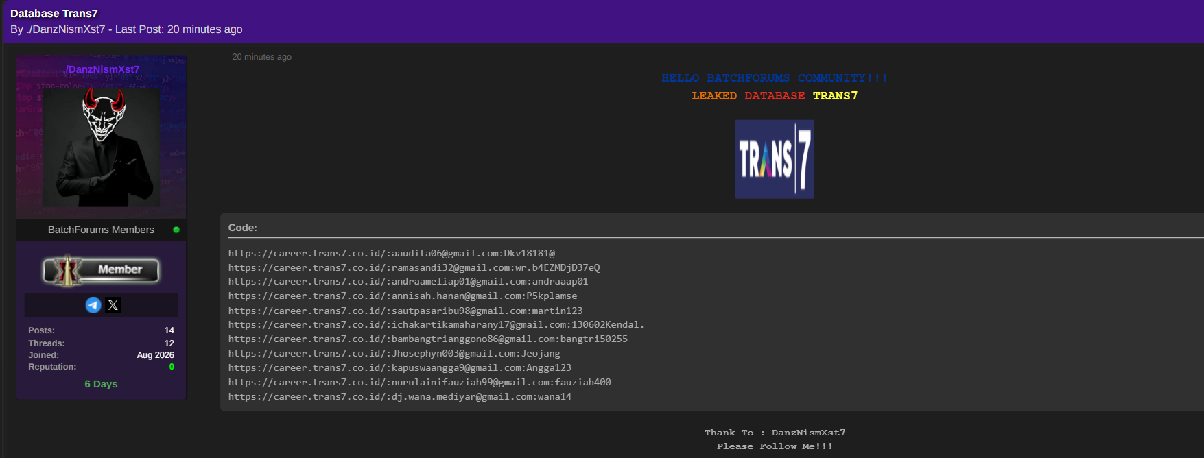 Alleged Sale of TRANS7 Database