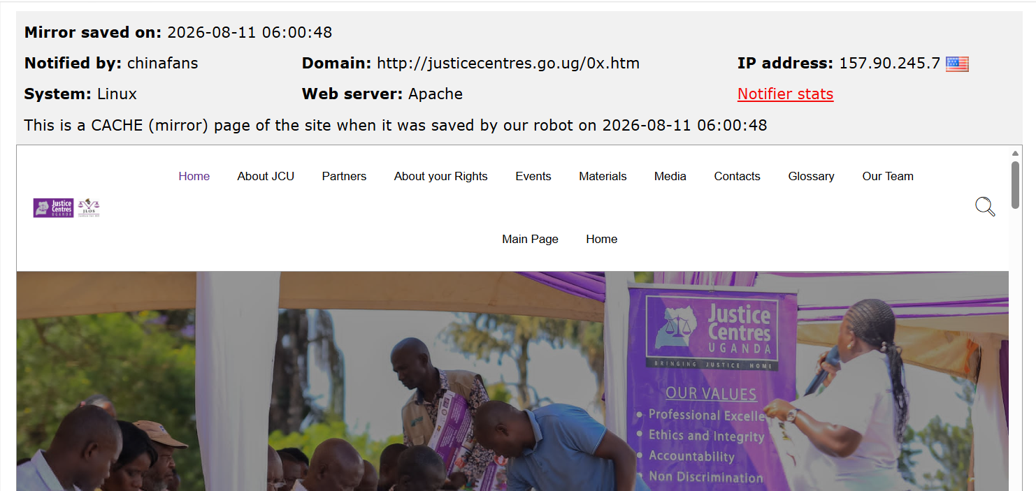 chinafans targets the website of Justice Centres Uganda (JCU)