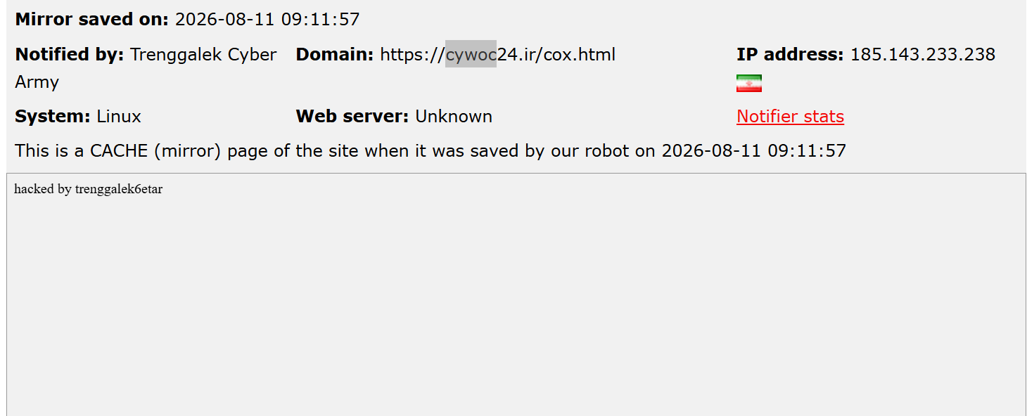 Trenggalek Cyber Army targets the website of cywoc24.ir