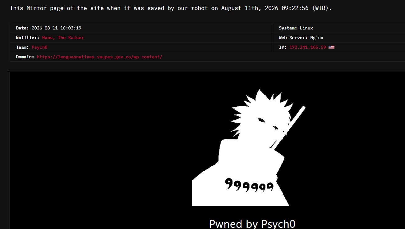 Psych0 targets the website of Government of Vaupés