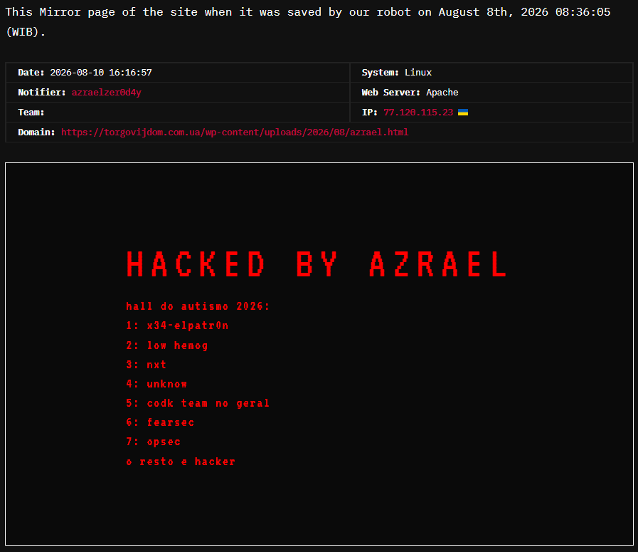 azraelzer0d4y targets the website of Trade House “Partner Plus”