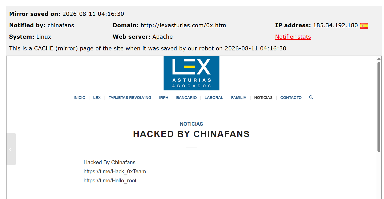 chinafans targets the website of LEX Asturias Abogados