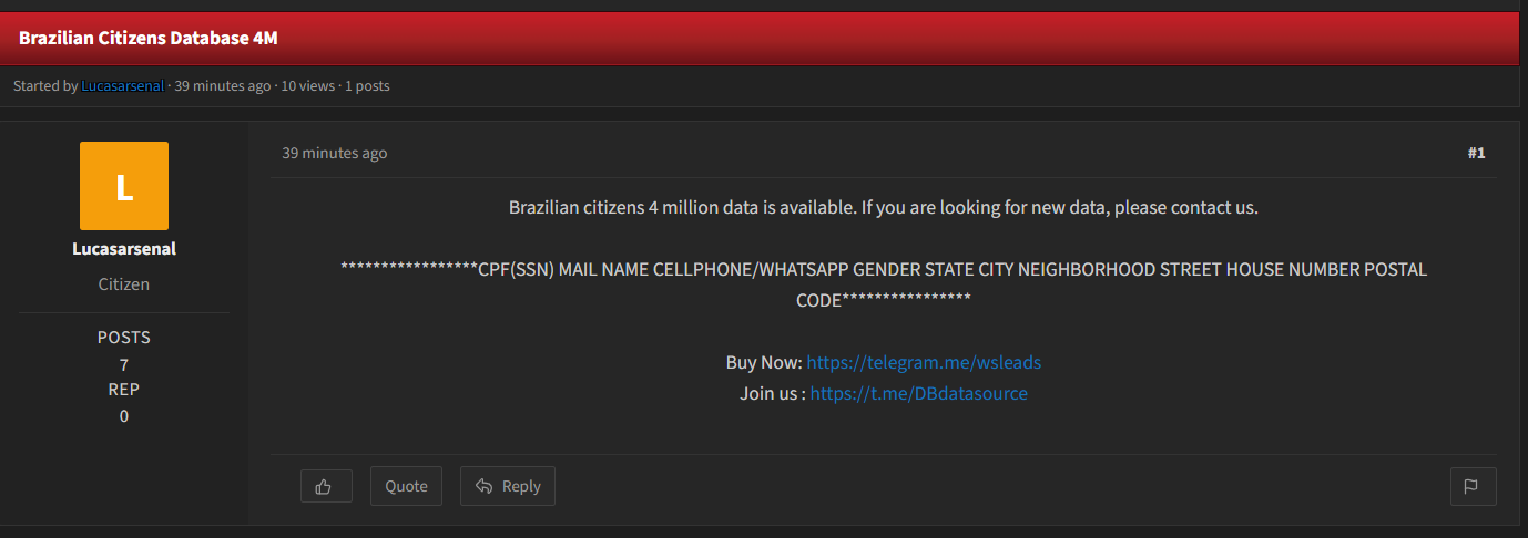 Alleged sale of Brazilian citizens data