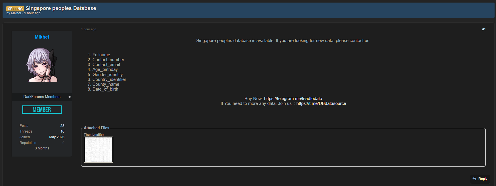 Alleged Sale of Singapore Population Database