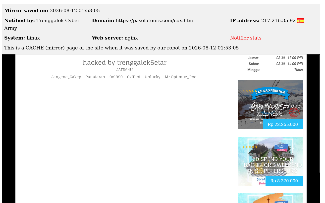Trenggalek Cyber Army targets the website of Pasola Tours & Travel