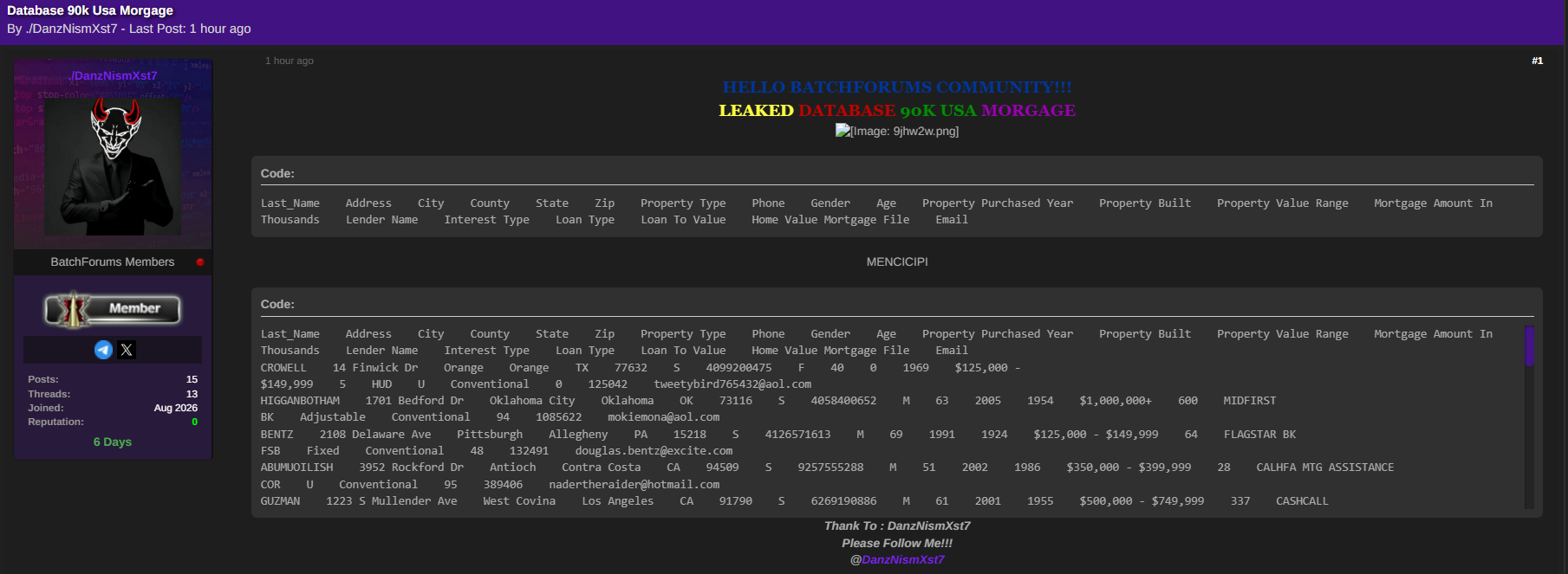 Alleged Sale of US Morgage database