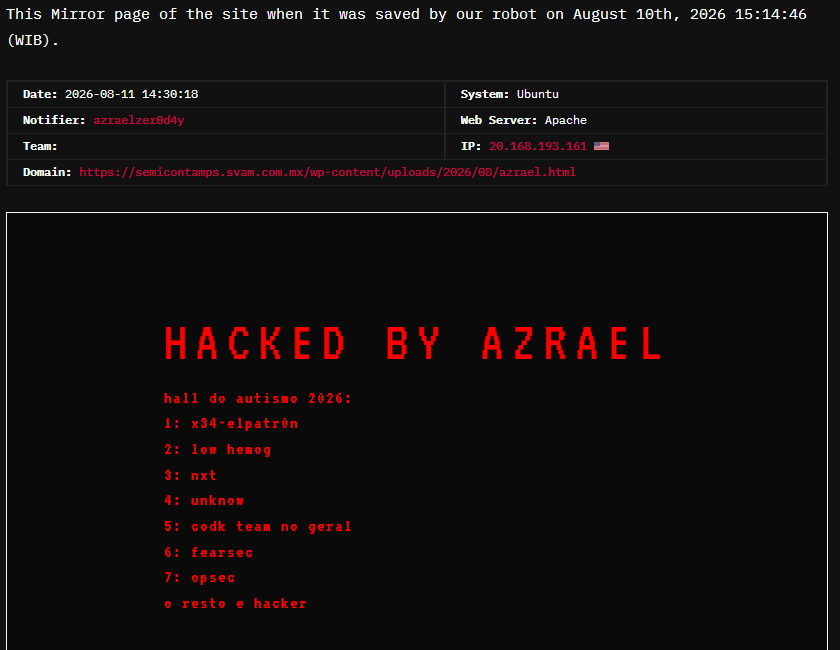 azraelzer0d4y targets the website of SVAM International de México