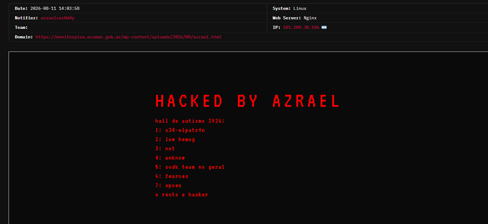 azraelzer0d4y targets the website of Autoridad de Cuenca Matanza Riachuelo (ACUMAR)