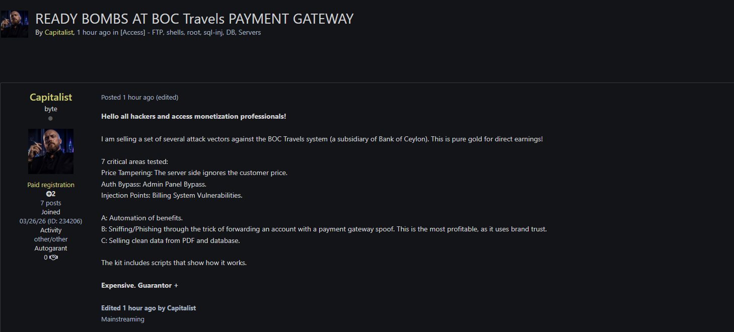 Alleged Sale of Attack Vectors Targeting BOC Travels Payment Gateway