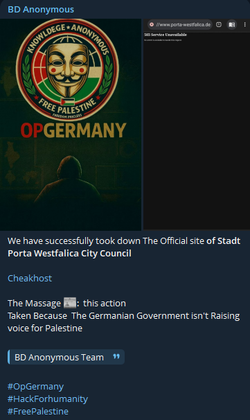 BD Anonymous targets the website of City of Porta Westfalica